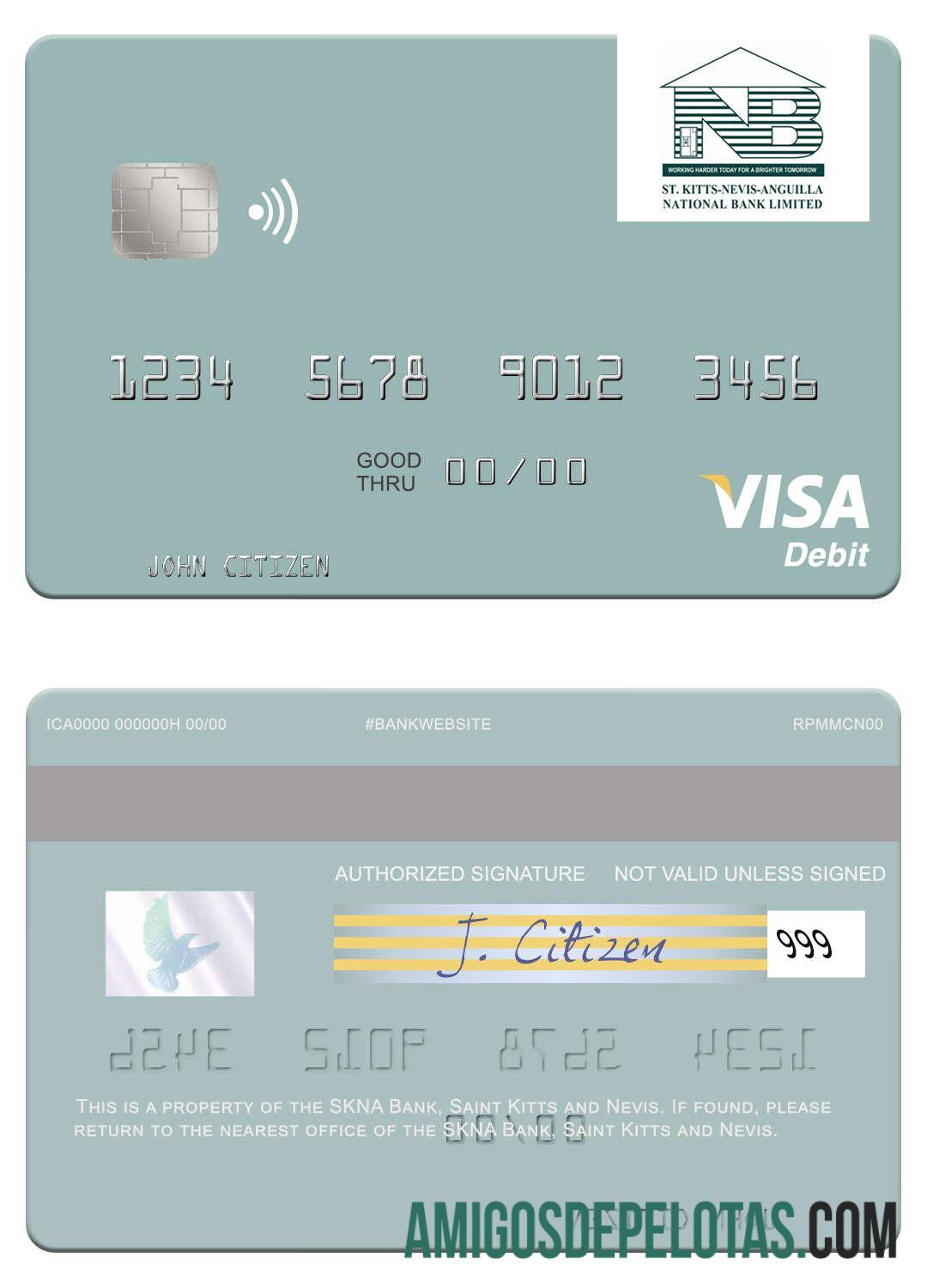 Cartão de débito Visa do banco SKNA de São Cristóvão e Nevis modelo